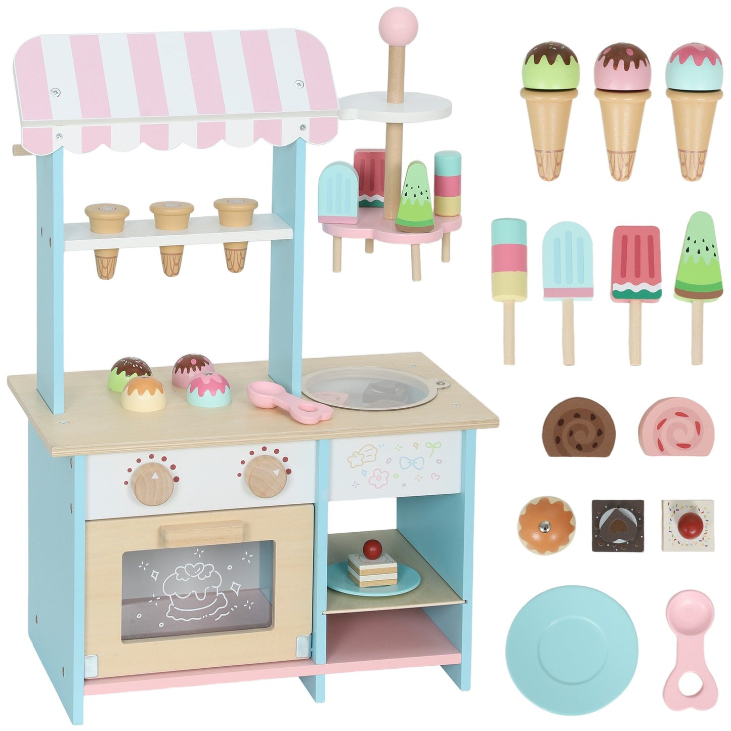Kids Ice Cream Cart with 17 Accessories – MDF, Light Blue