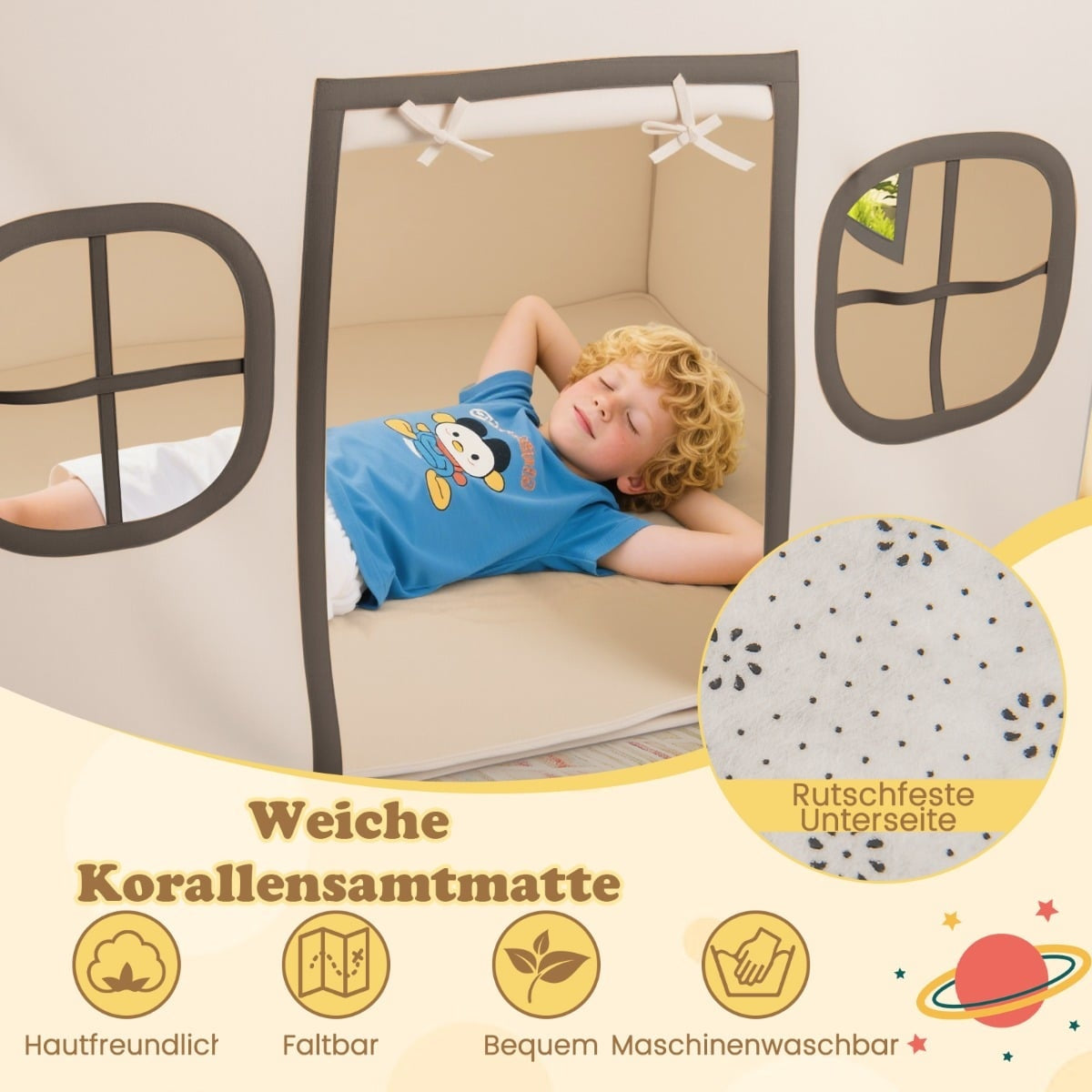 Kids Indoor Playhouse Tent with Star Lights, Beige & Black