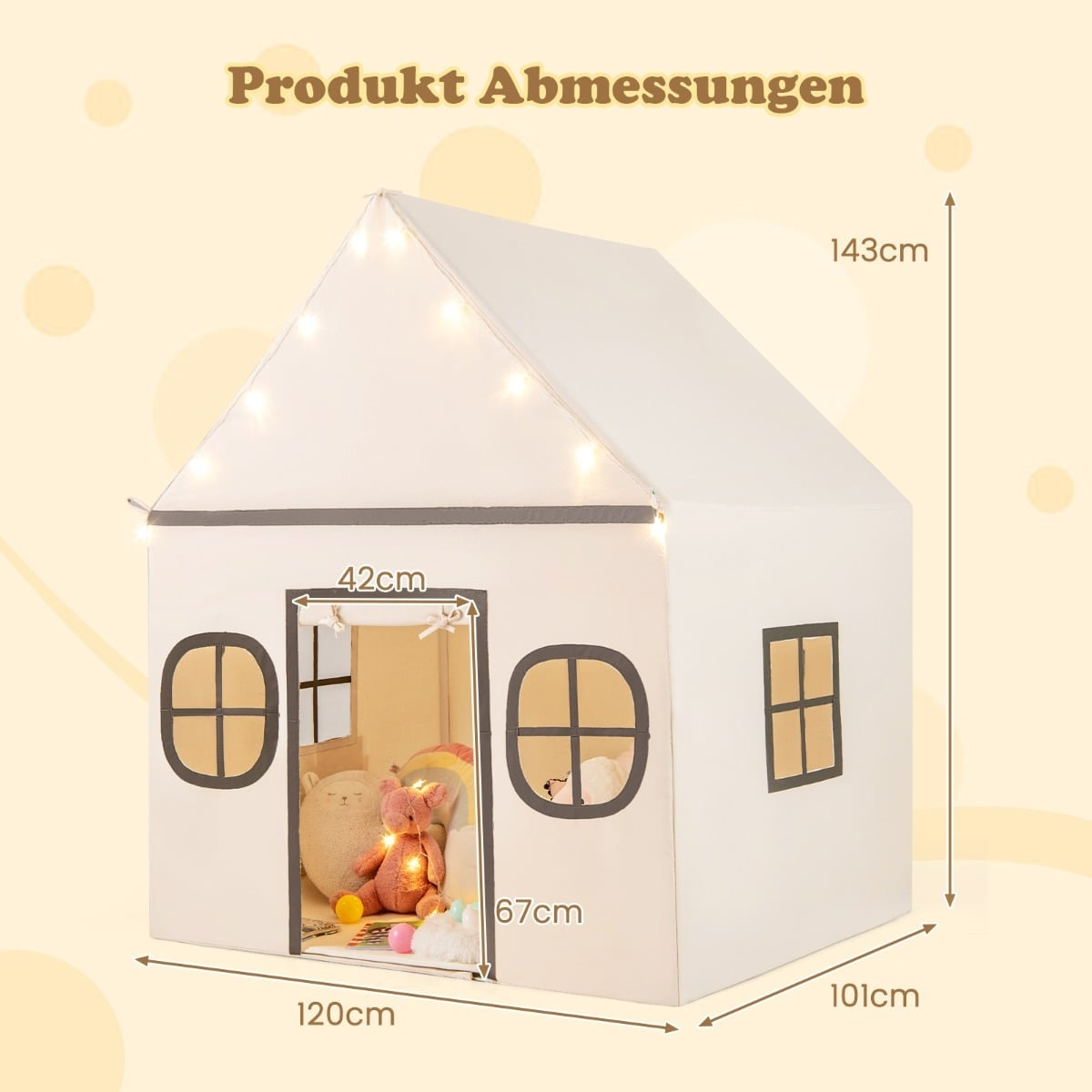 Kids Indoor Playhouse Tent with Star Lights, Beige & Black
