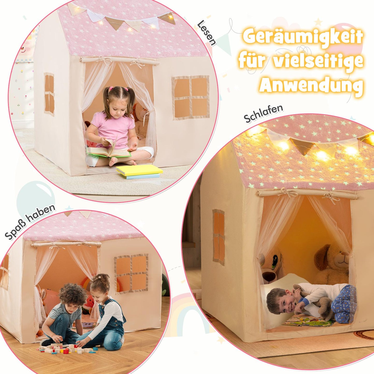 Kids Indoor Playhouse with Mat & Star Lights