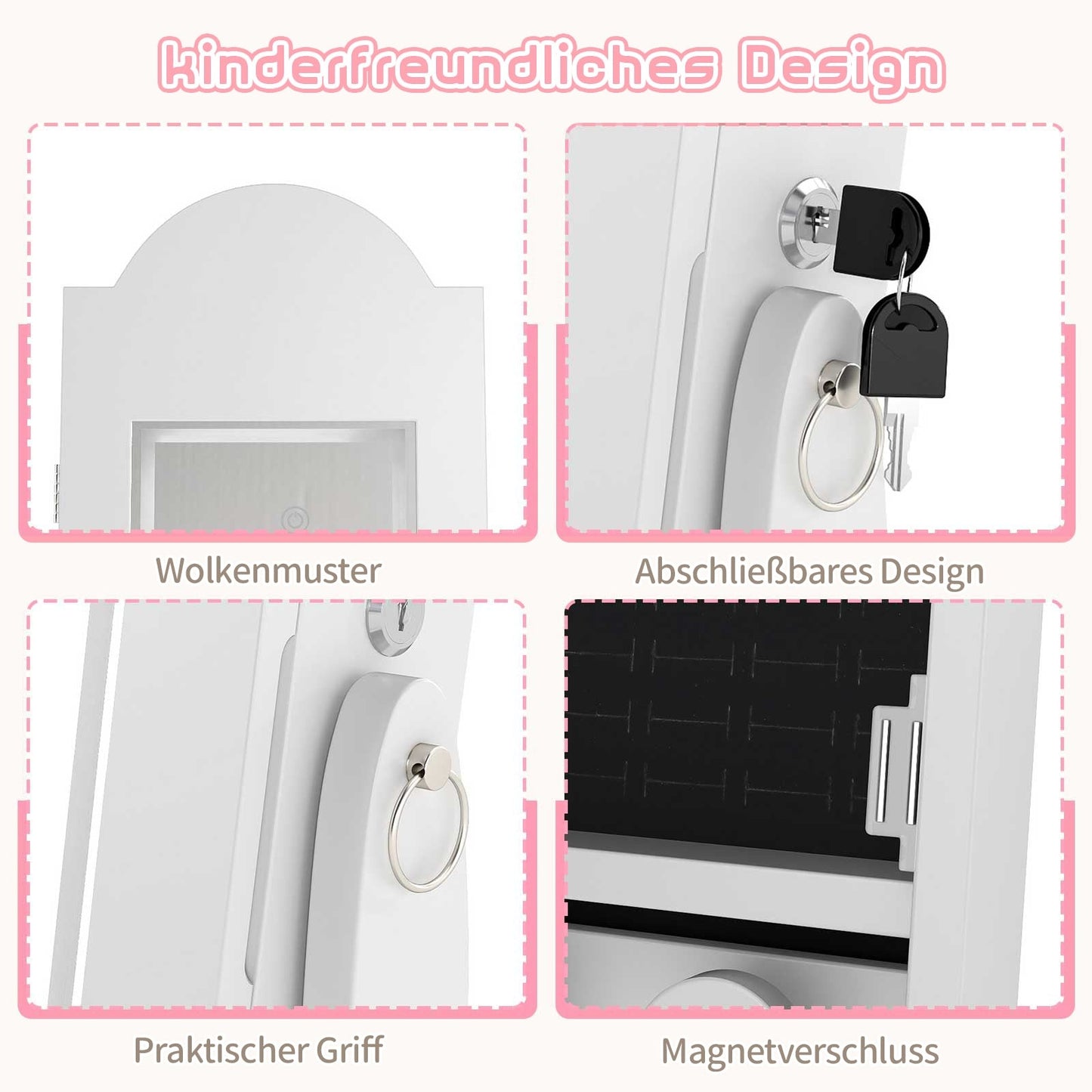 Kids Jewelry Cabinet with Mirror and LED Lights, White