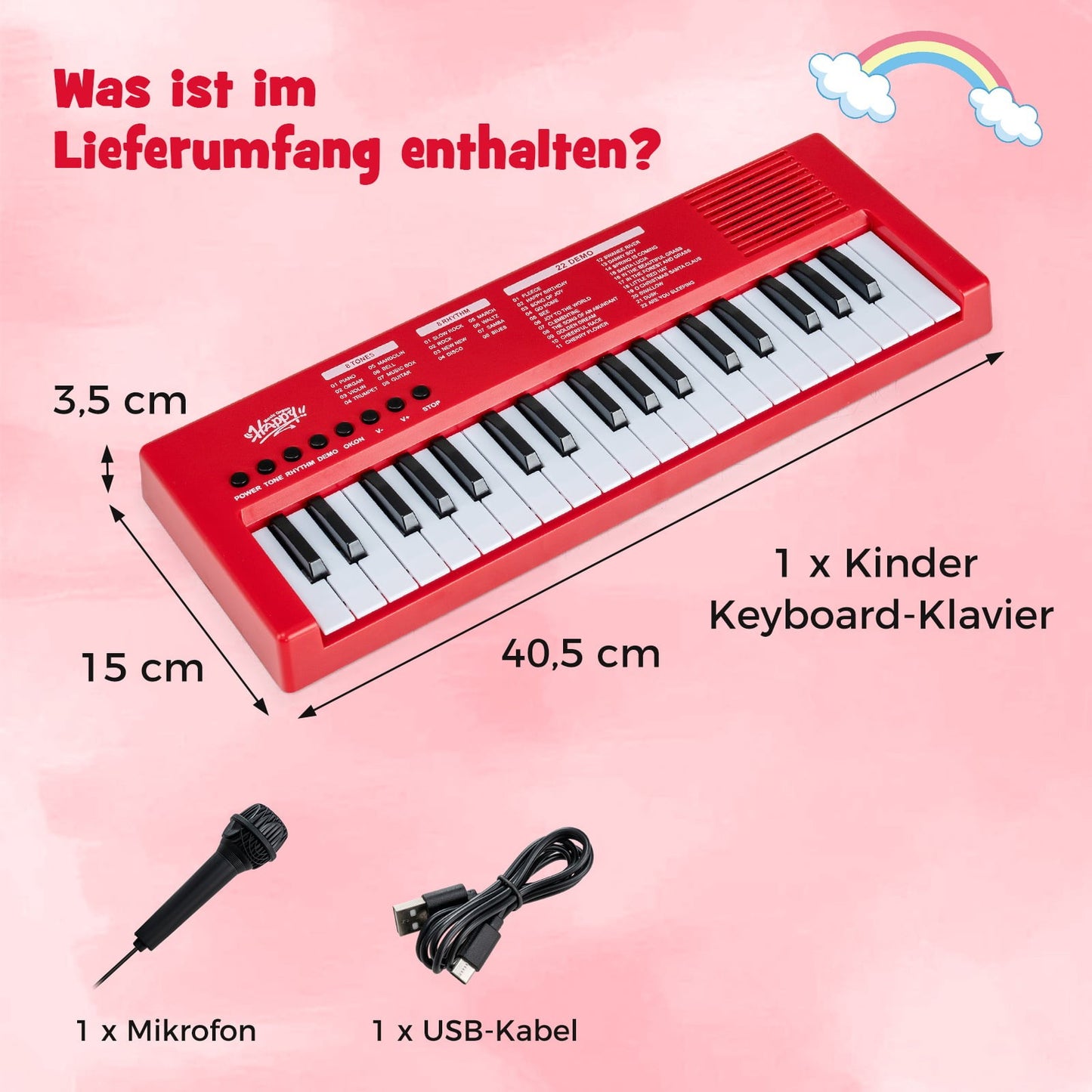 Kids Keyboard Piano, 37 Keys, 8 Rhythms, Red, with Mic