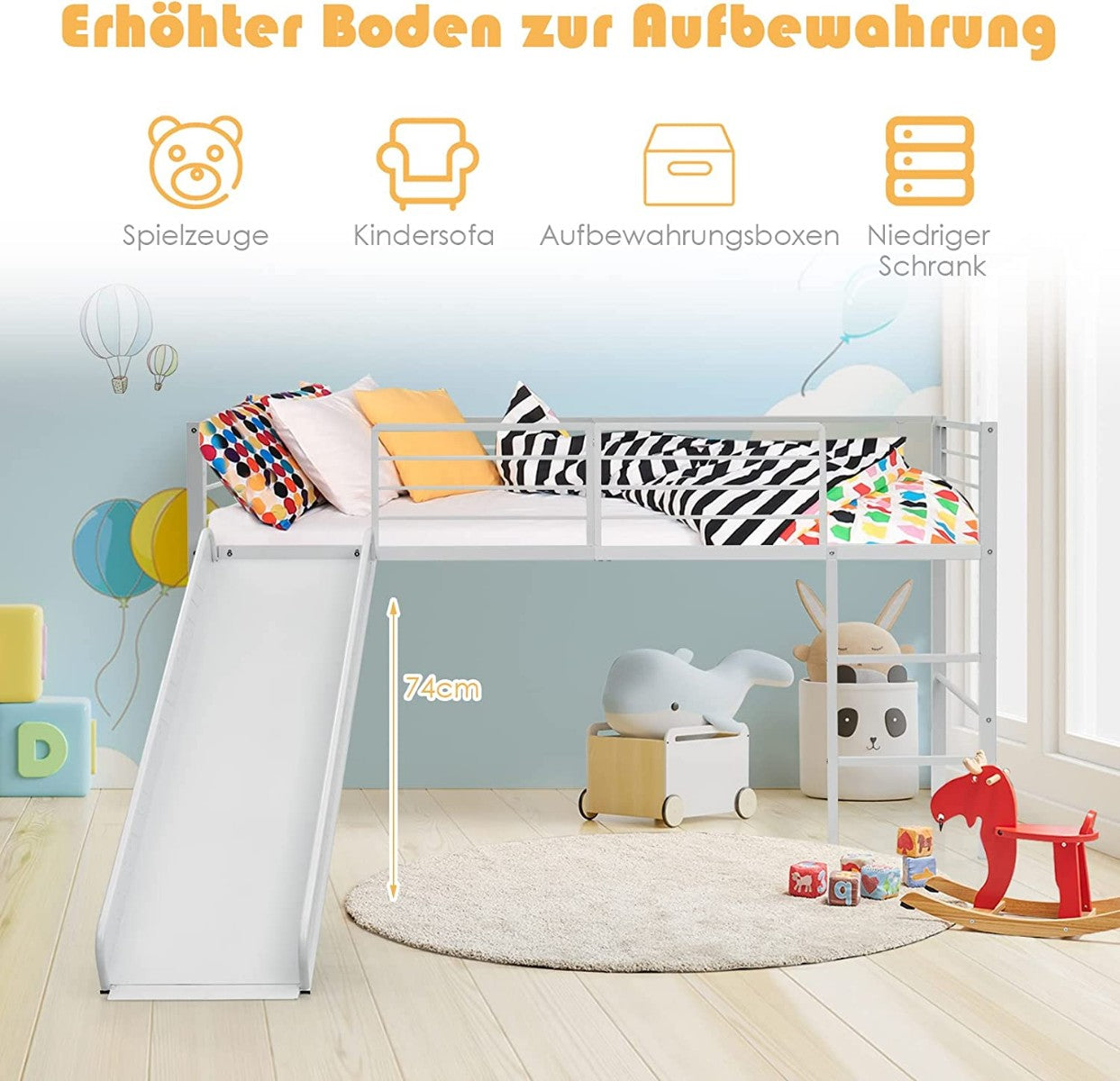 Kids Loft Bed Frame with Slide, Guard Rail, 198x96x109 cm