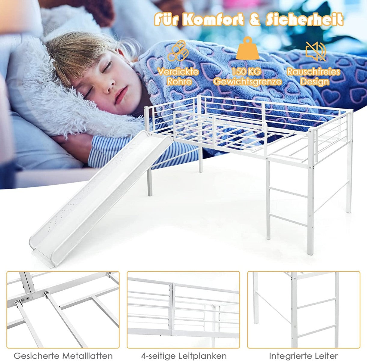 Kids Loft Bed Frame with Slide, Guard Rail, 198x96x109 cm