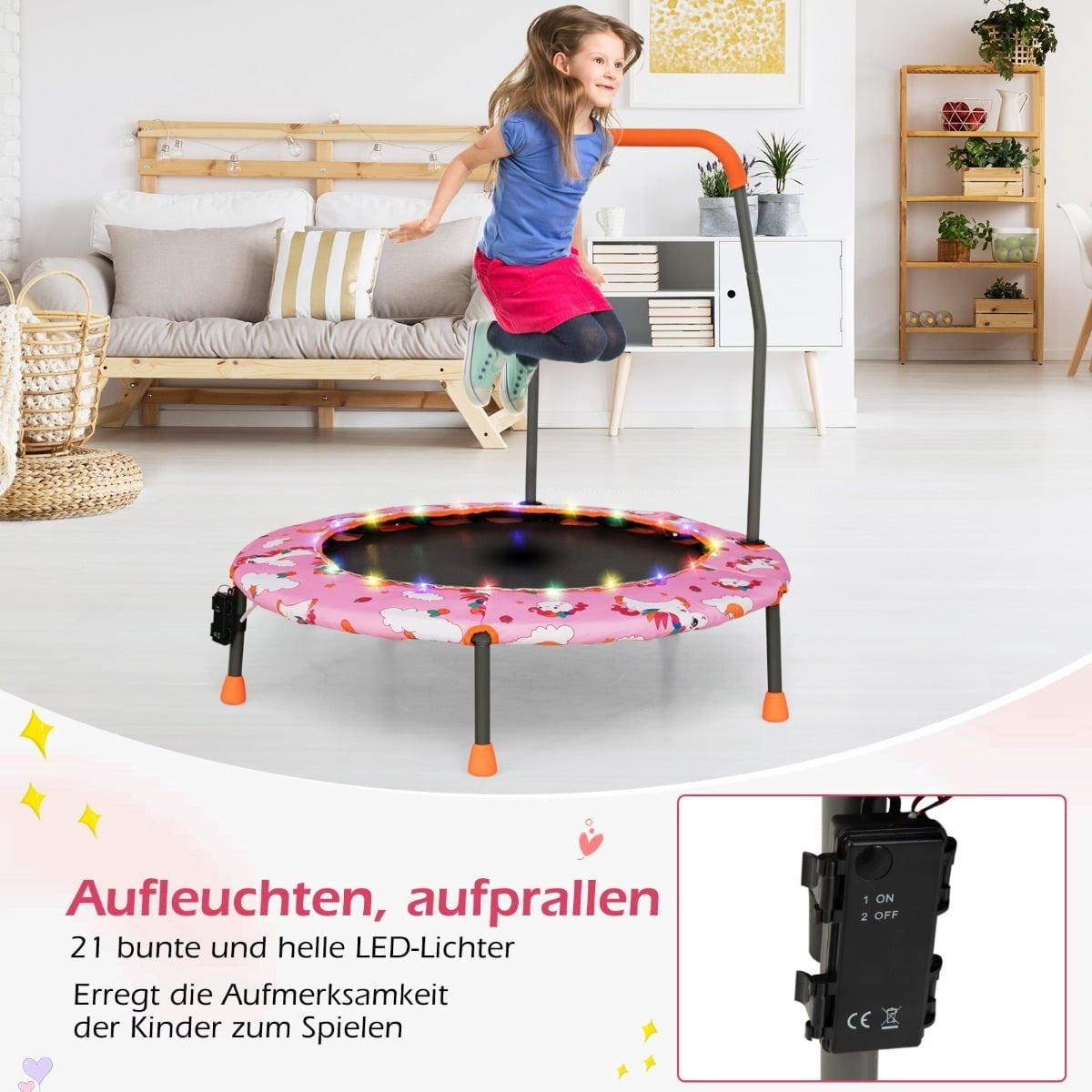 Kids Mini Trampoline with LED Lights, Removable Handle