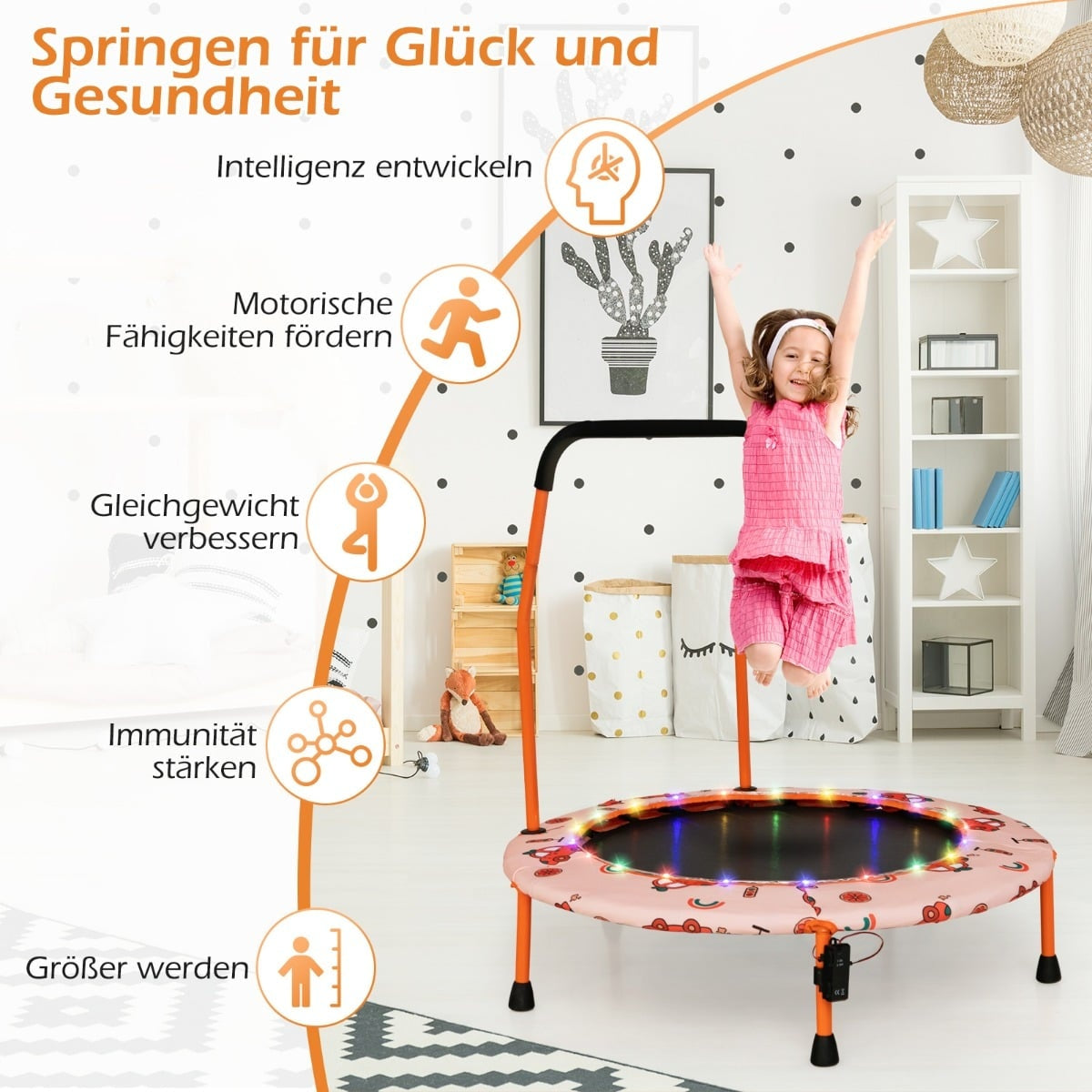 Kids Mini Trampoline with LED Lights, Removable Handle