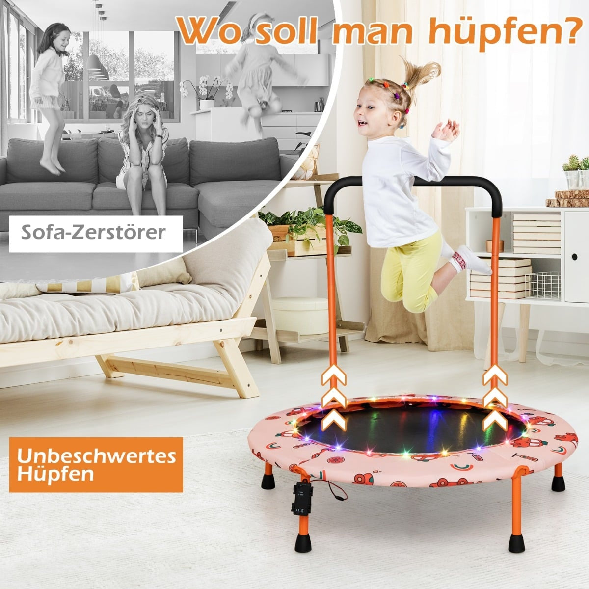Kids Mini Trampoline with LED Lights, Removable Handle