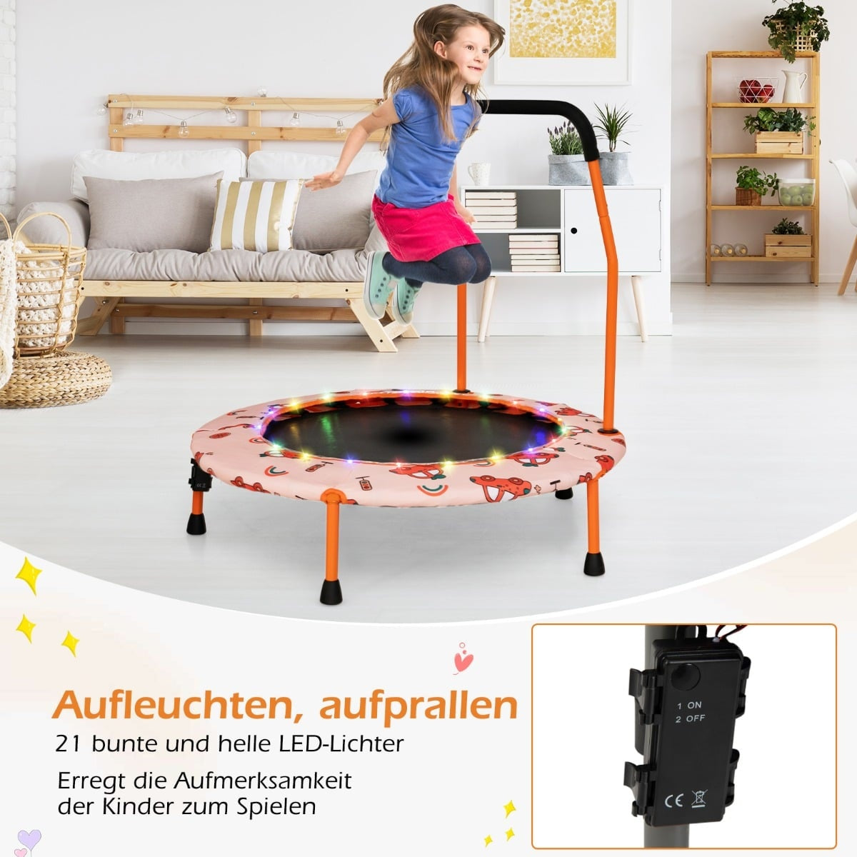 Kids Mini Trampoline with LED Lights, Removable Handle