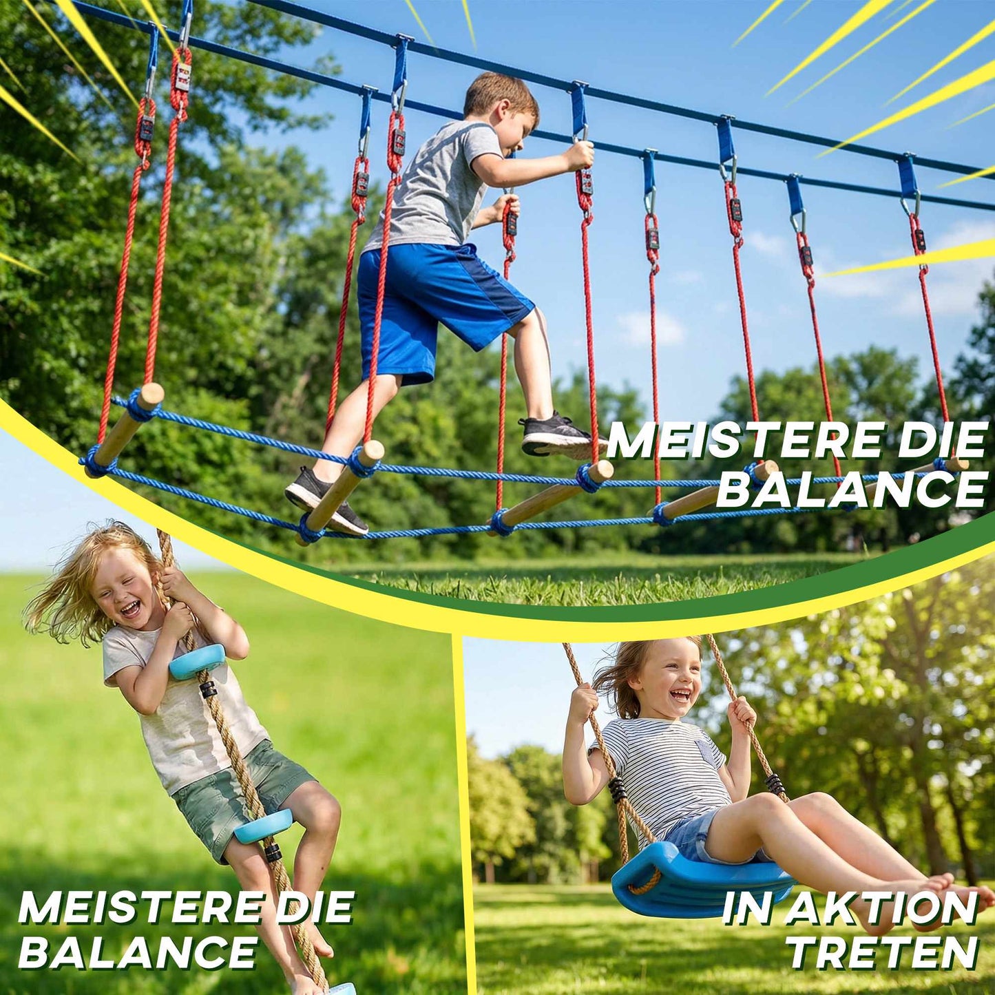 Kids Ninja Slackline Set with Climbing Rope & Rings