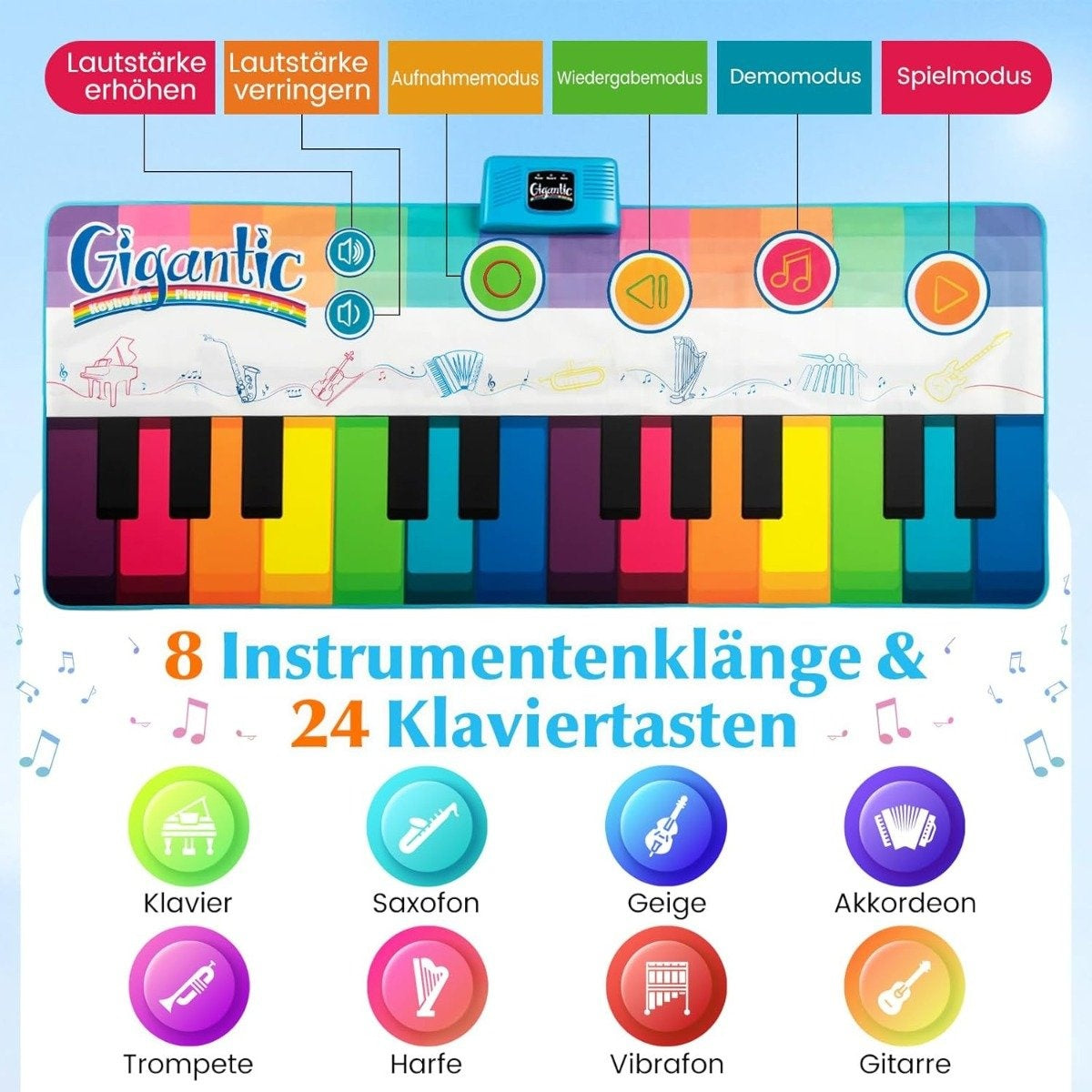 Kids Piano Mat with 8 Instrument Sounds, 24 Keys, 181x73 cm