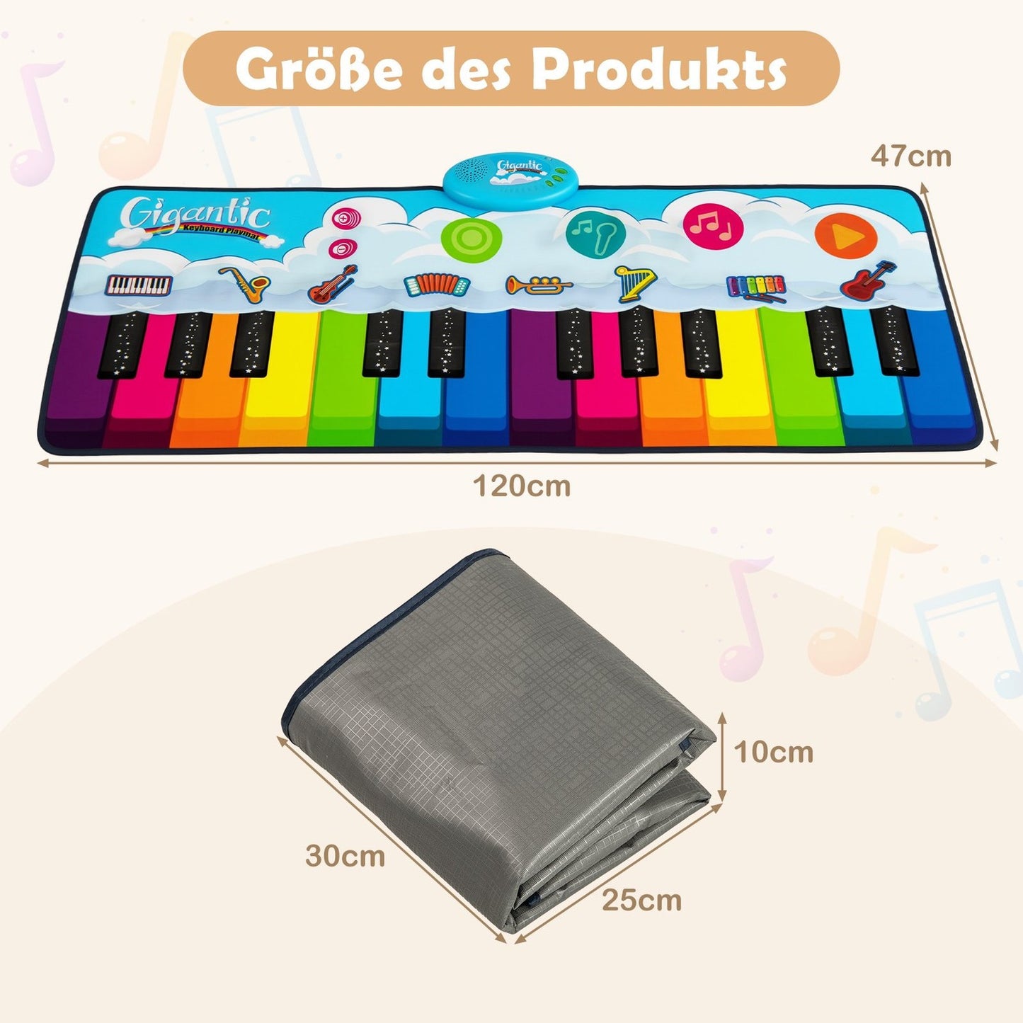 Kids Piano Mat with 8 Instruments, 24 Keys, 120x47 cm
