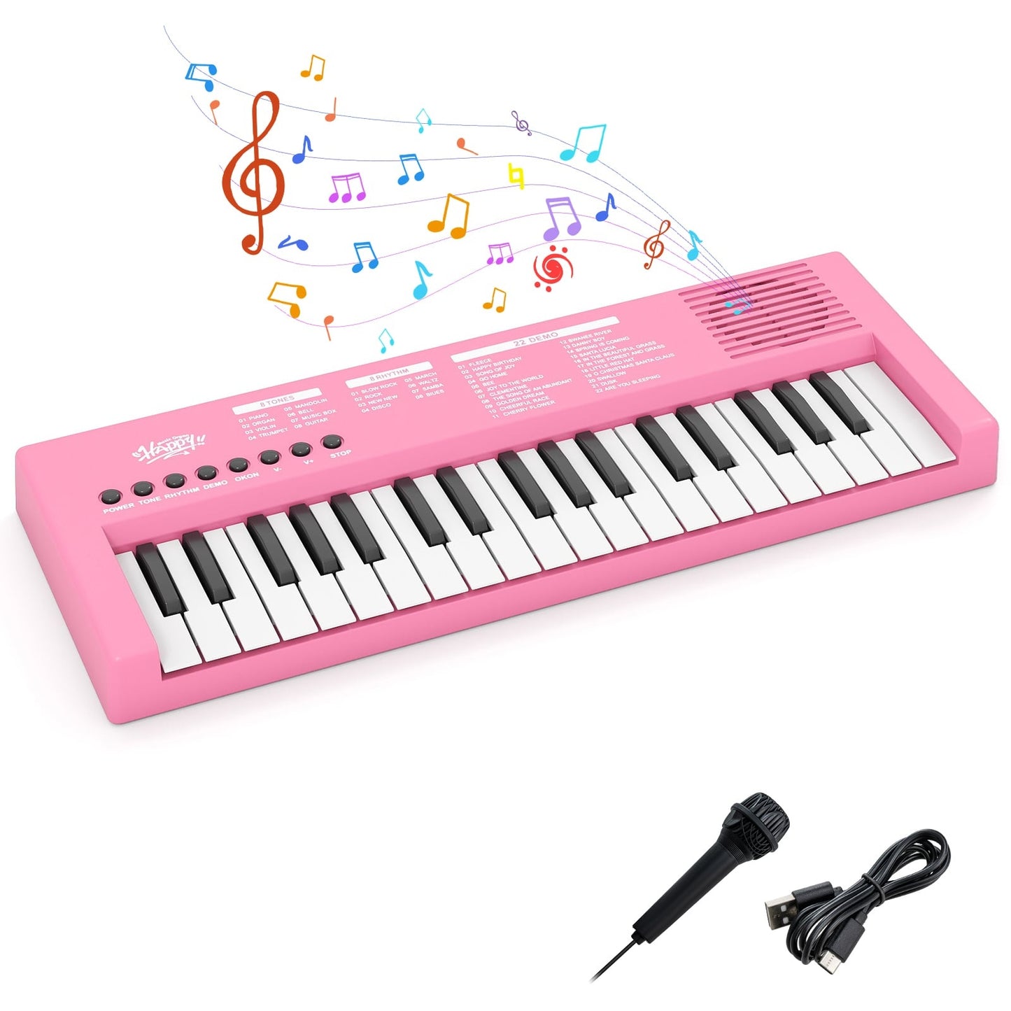 Kids' Pink Keyboard Piano, 37 Keys, 8 Rhythms, USB & Battery