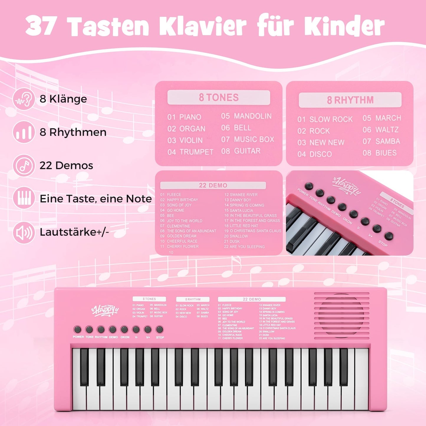 Kids' Pink Keyboard Piano, 37 Keys, 8 Rhythms, USB & Battery