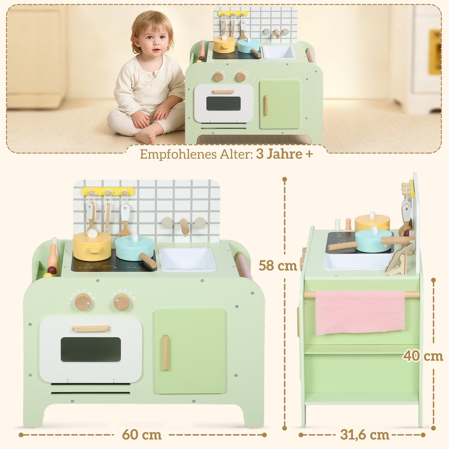 Kids Play Kitchen Set, MDF, 15 Accessories, Green, 40 cm