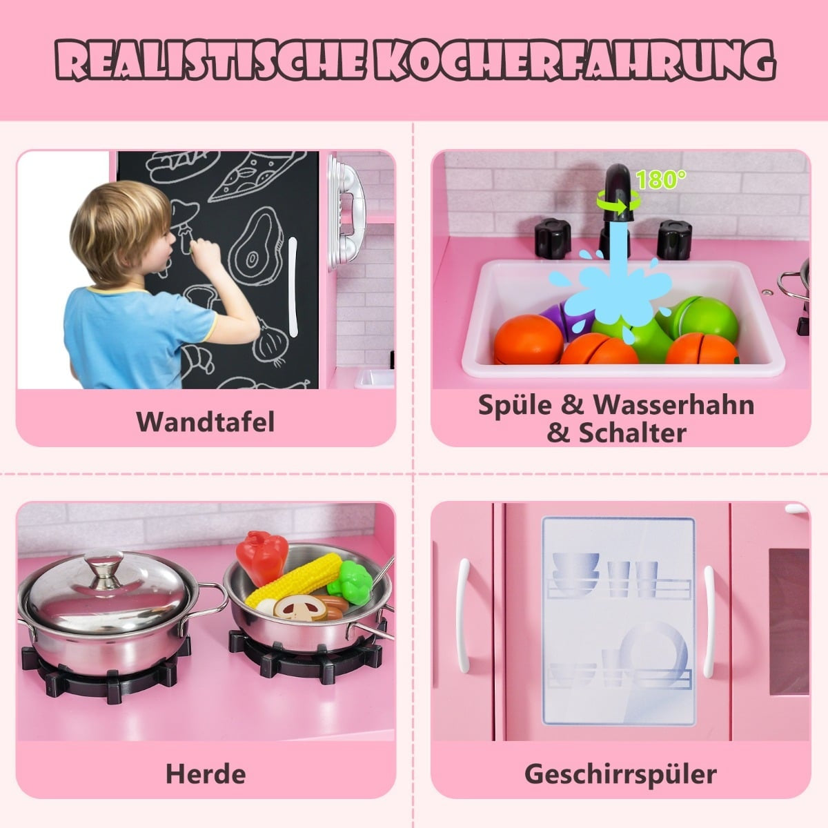 Kids' Play Kitchen Set with Chalkboard, Pink, 82x24x80 cm