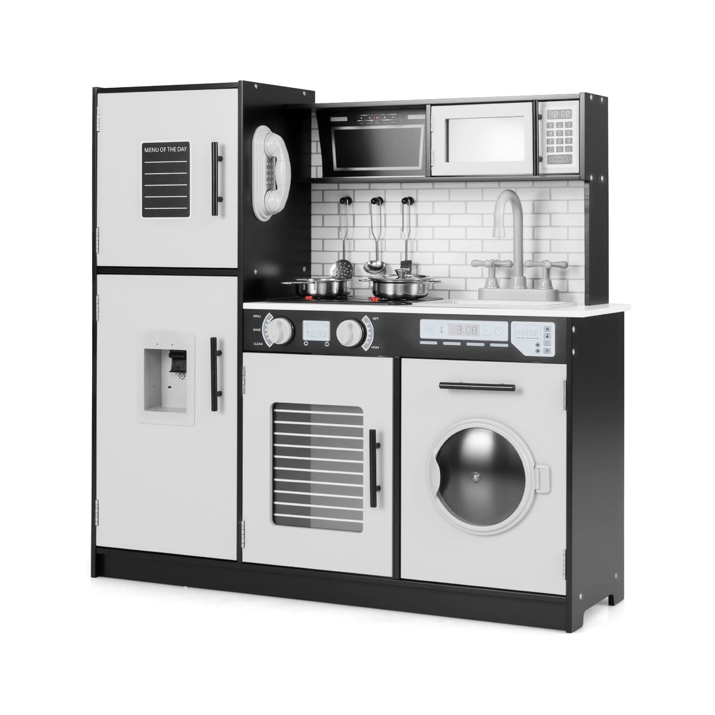 Kids Play Kitchen Set with Oven & Washer, Black