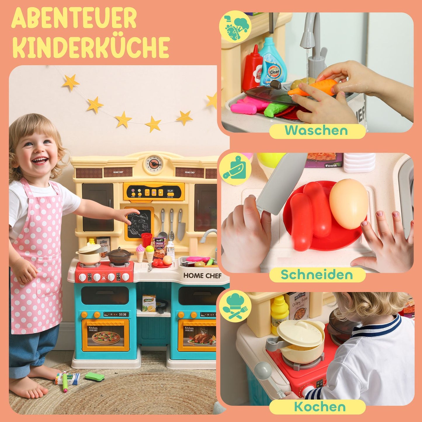 Kids Play Kitchen Set with Water, Lights, Sounds, 85 Pieces