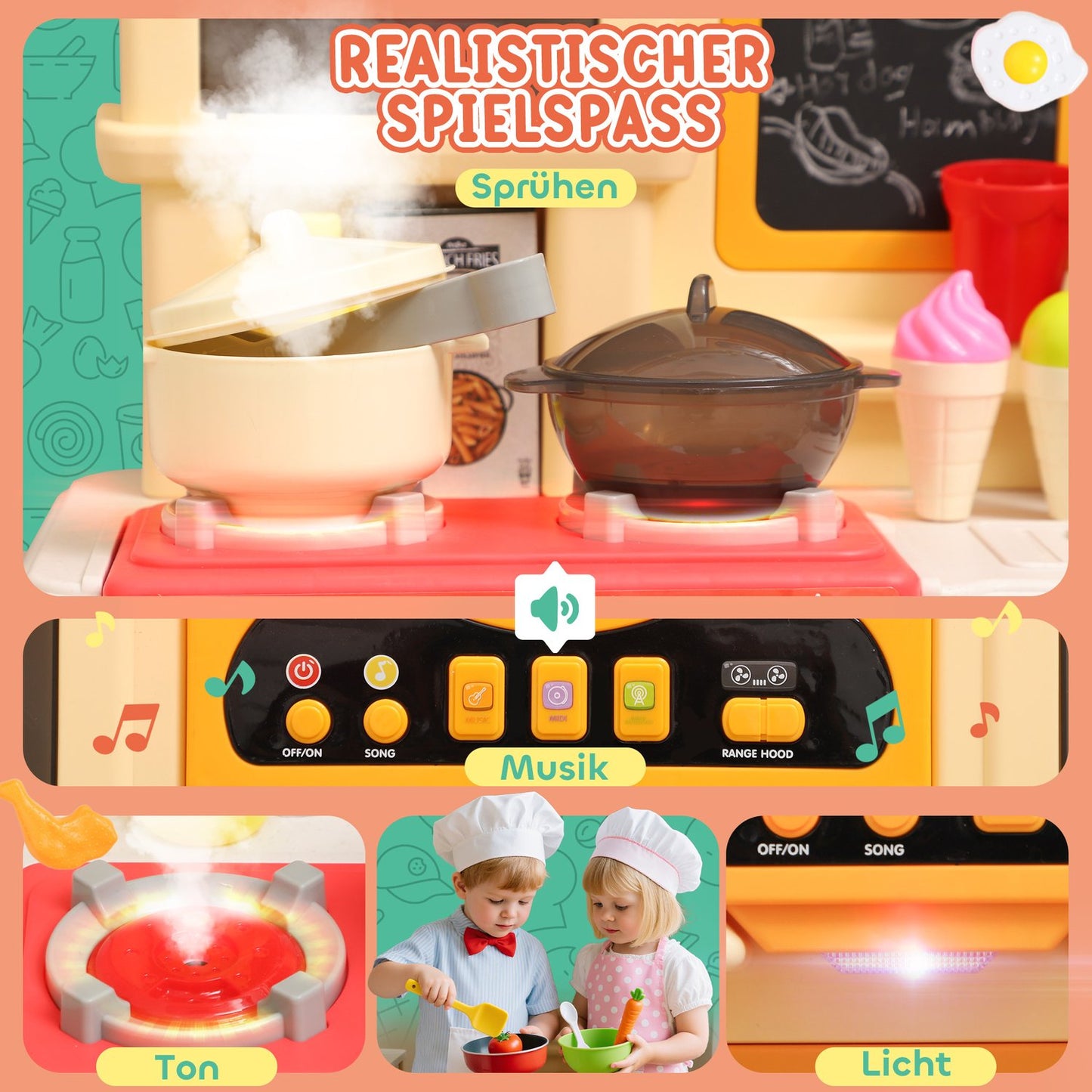 Kids Play Kitchen Set with Water, Lights, Sounds, 85 Pieces