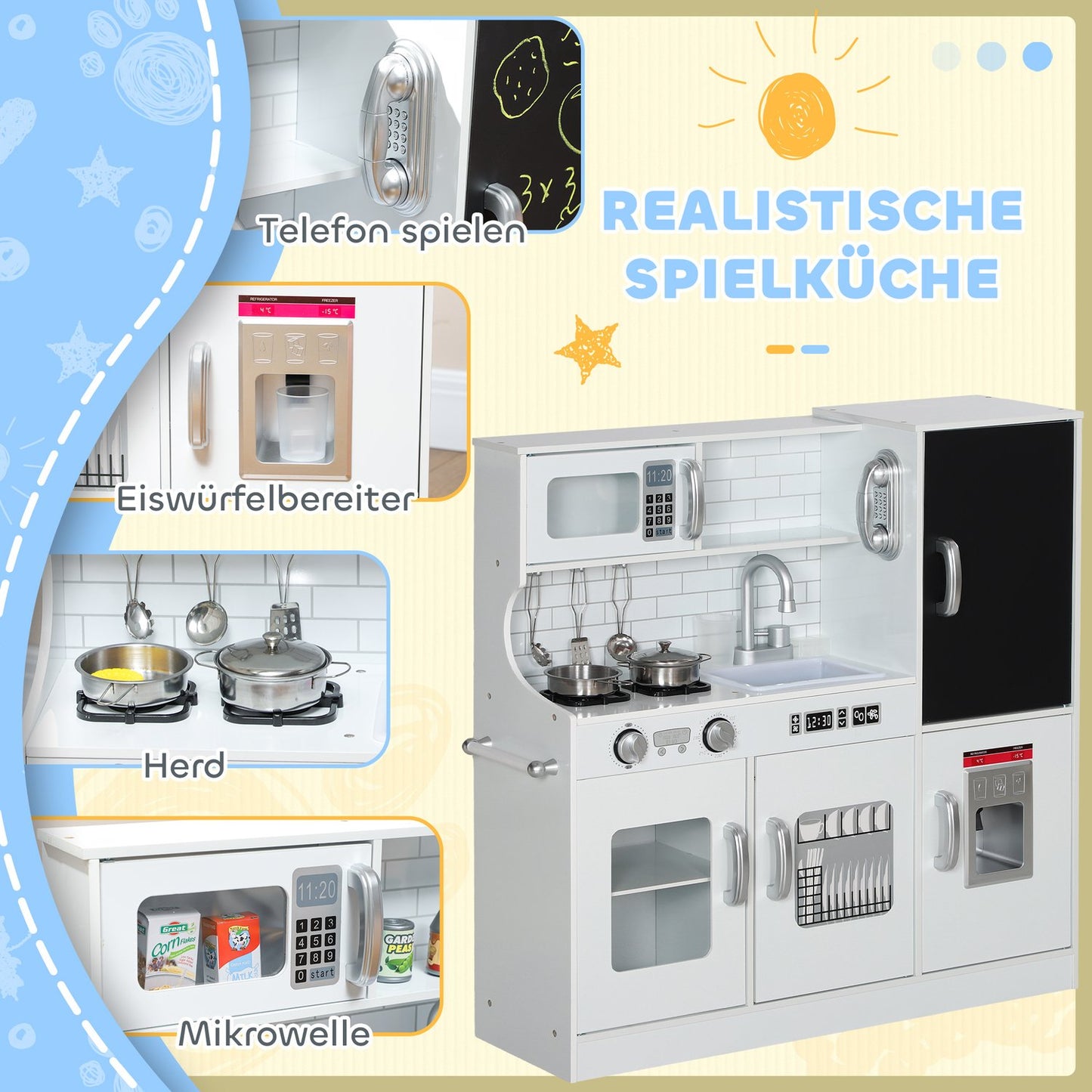 Kids Play Kitchen with Chalkboard, Microwave, Ice Maker