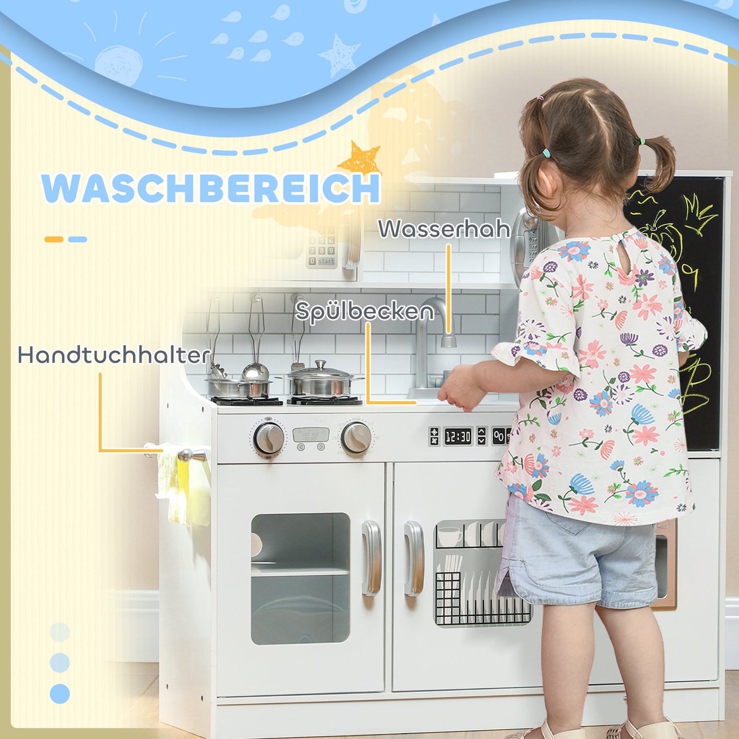 Kids Play Kitchen with Chalkboard, Microwave, Ice Maker