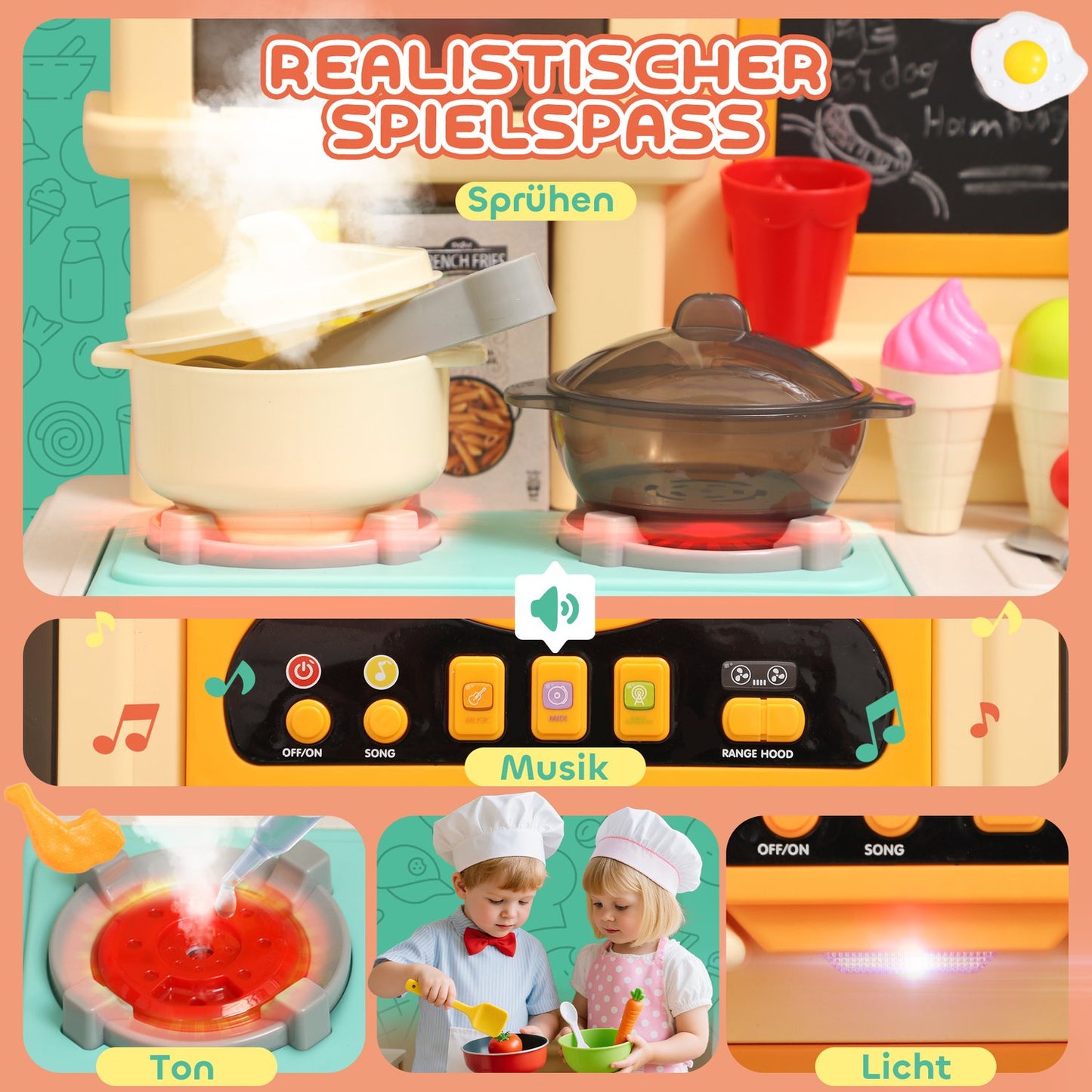Kids Play Kitchen with Water, 85-Piece Set, Lights & Sounds