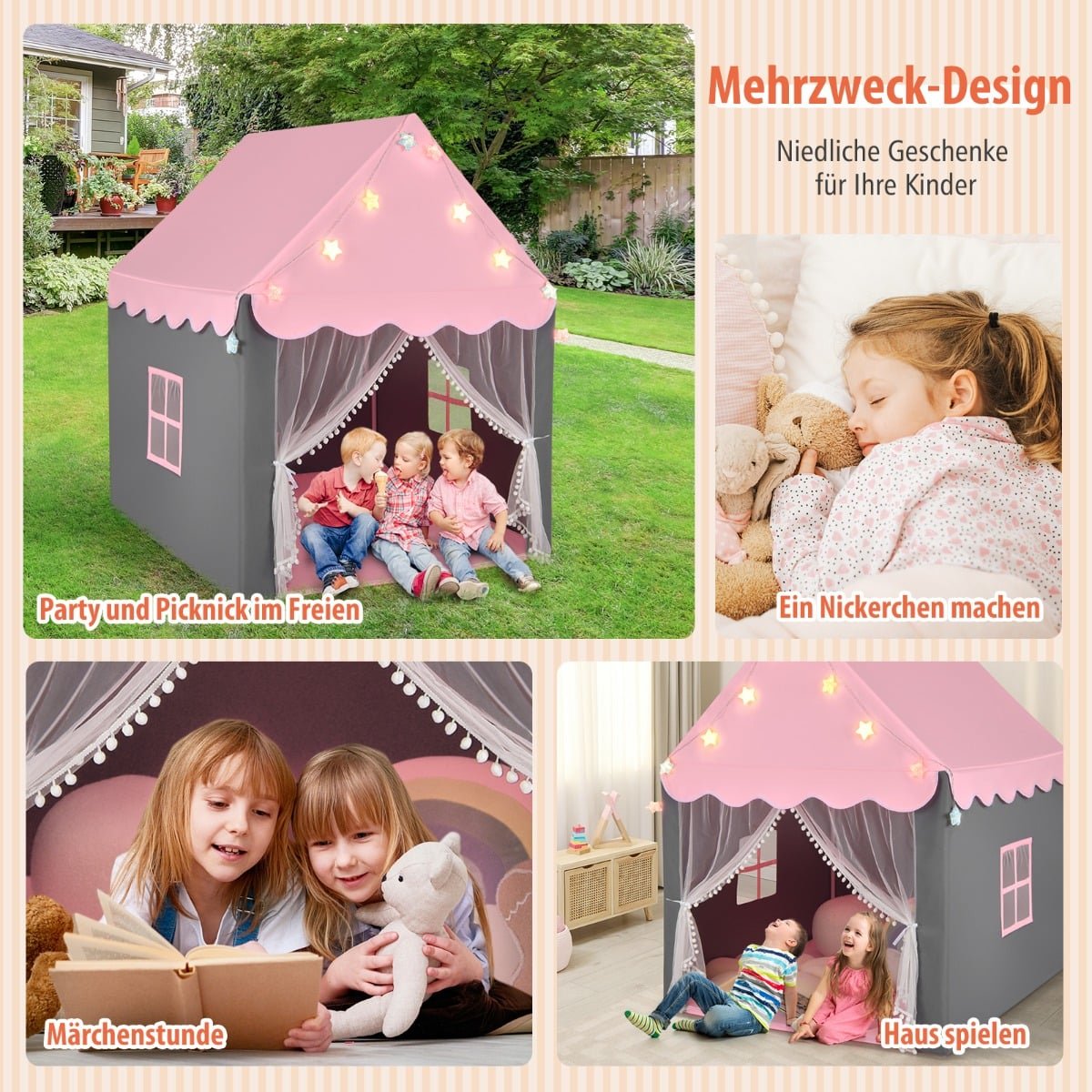 Kids Play Tent with Star Lights, 105 x 121 x 136 cm, Pink/Grey