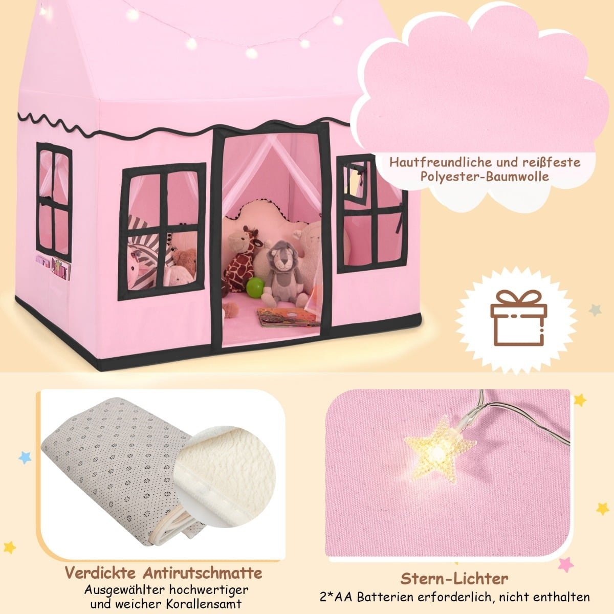 Kids' Play Tent with Star Lights, Pink, 121x101x137 cm