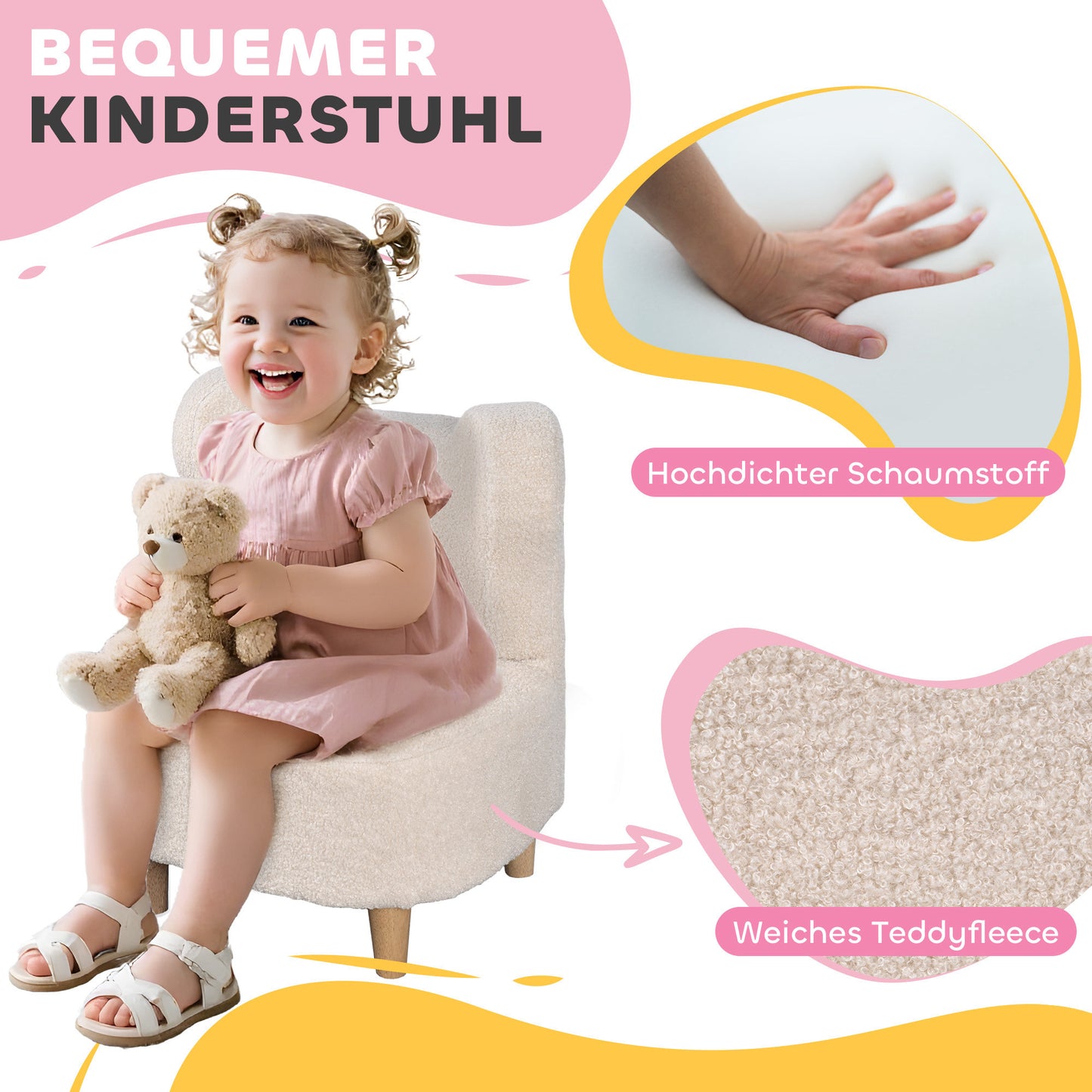 Kids' Plush Chair with Bear Ears, Fleece Cover, Beige