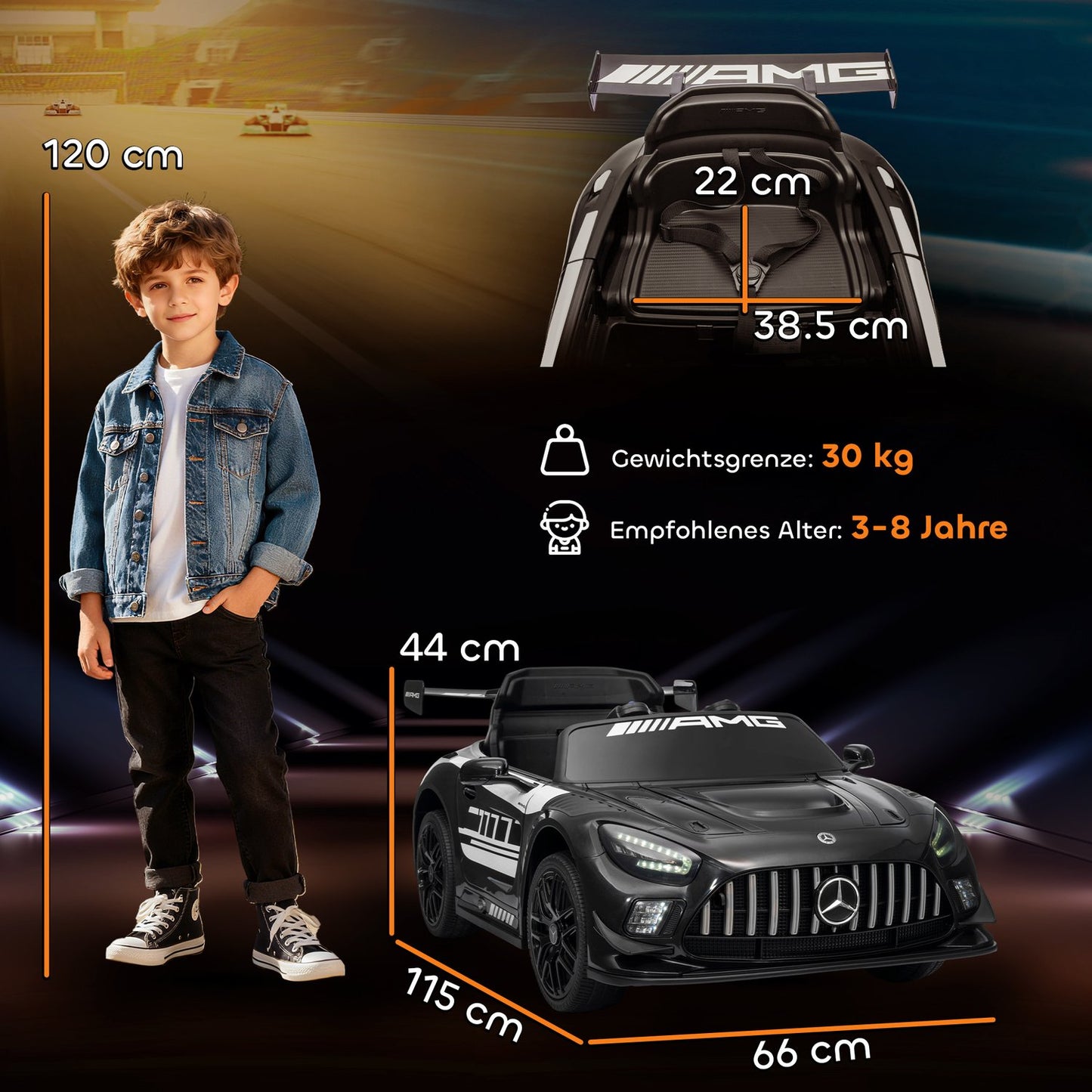 Kids Ride-On Car, 12V Battery, LED Lights, Music, Black