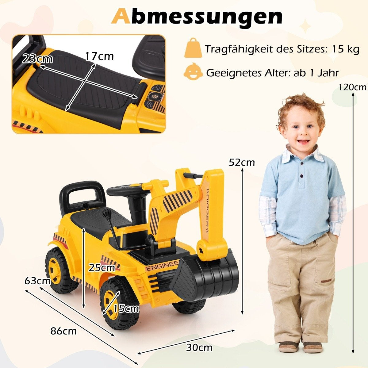 Kids Ride-On Digger with Adjustable Bucket & Storage