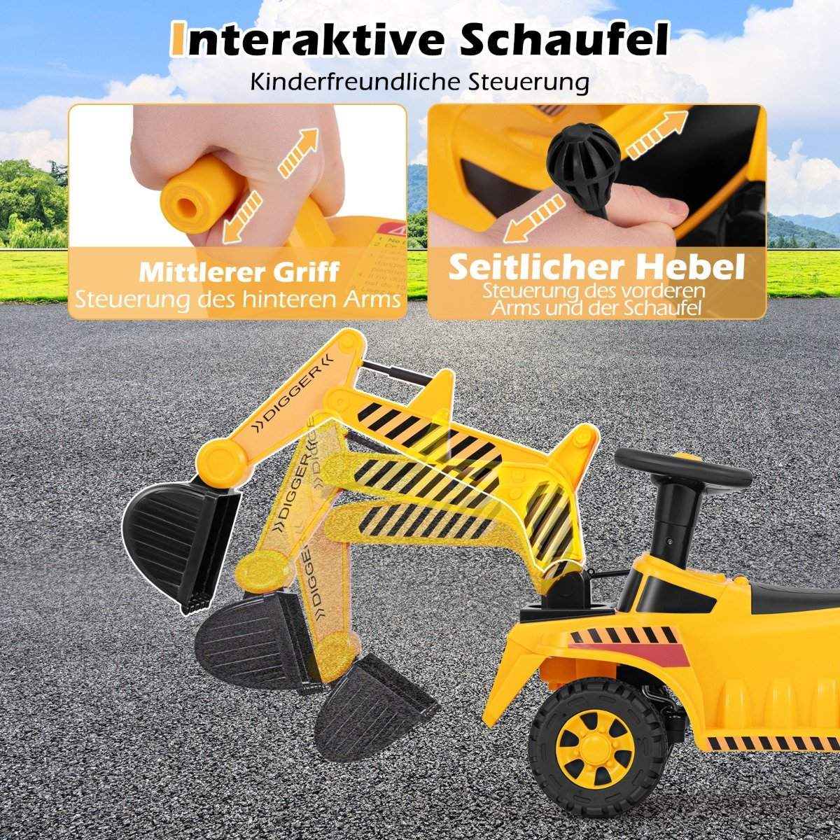 Kids Ride-On Digger with Adjustable Bucket & Storage