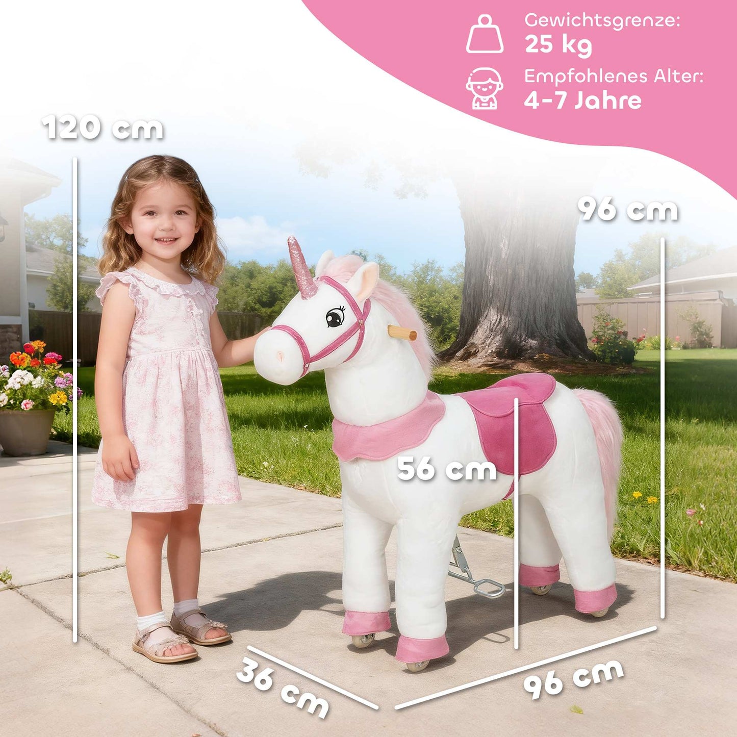 Kids Ride-On Unicorn, Soft Fabric, Ages 4-7, White
