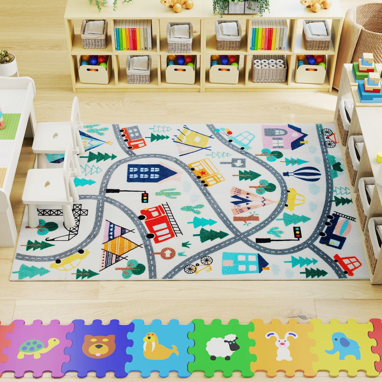 Kids' Road Pattern Rug, Soft Fleece, Non-Slip, 160x120 cm