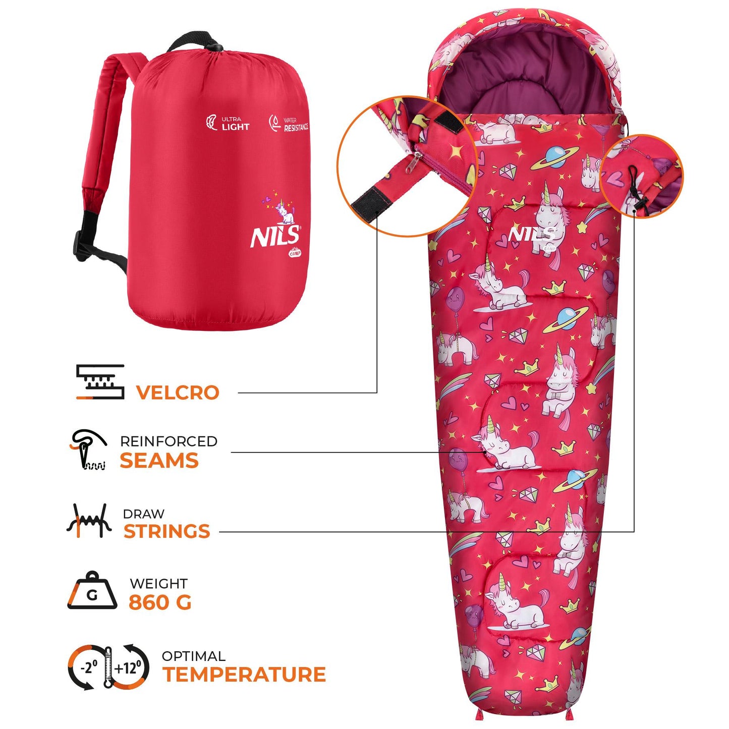 Kids Sleeping Bag With Backpack, Unicorn Print, 170x60cm