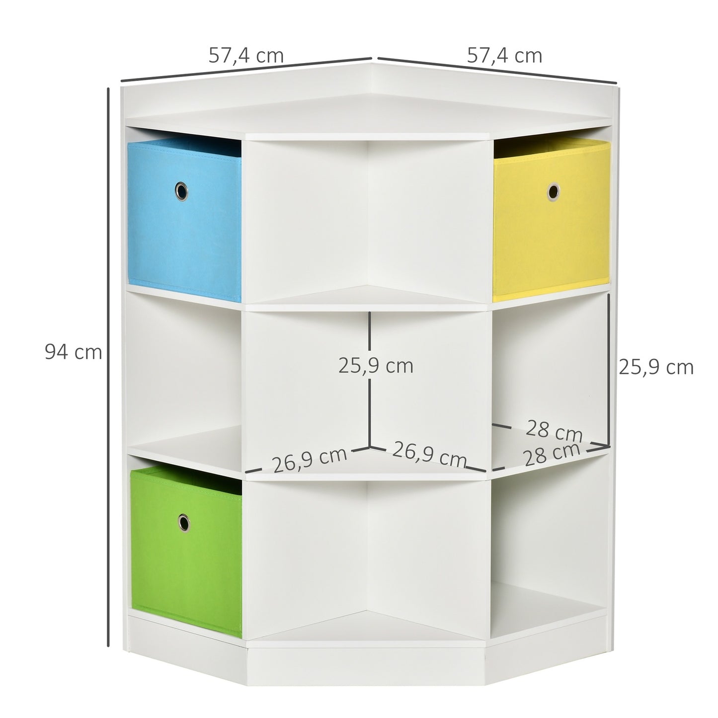 Kids Storage Shelf, 3 Fabric Drawers, MDF, White