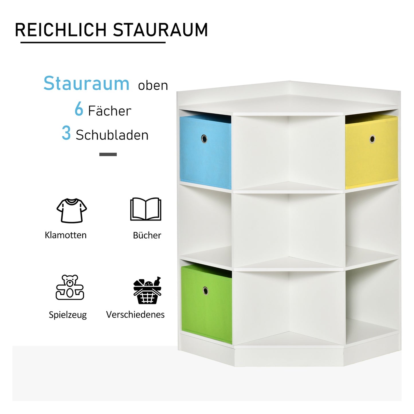 Kids Storage Shelf, 3 Fabric Drawers, MDF, White