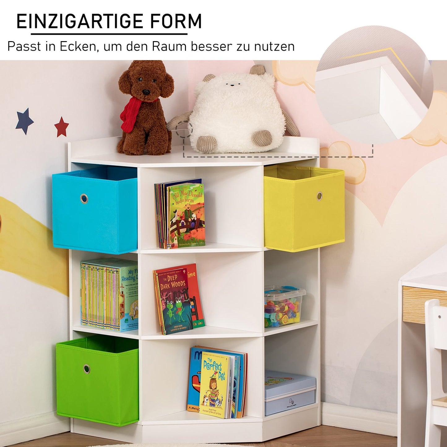 Kids Storage Shelf, 3 Fabric Drawers, MDF, White