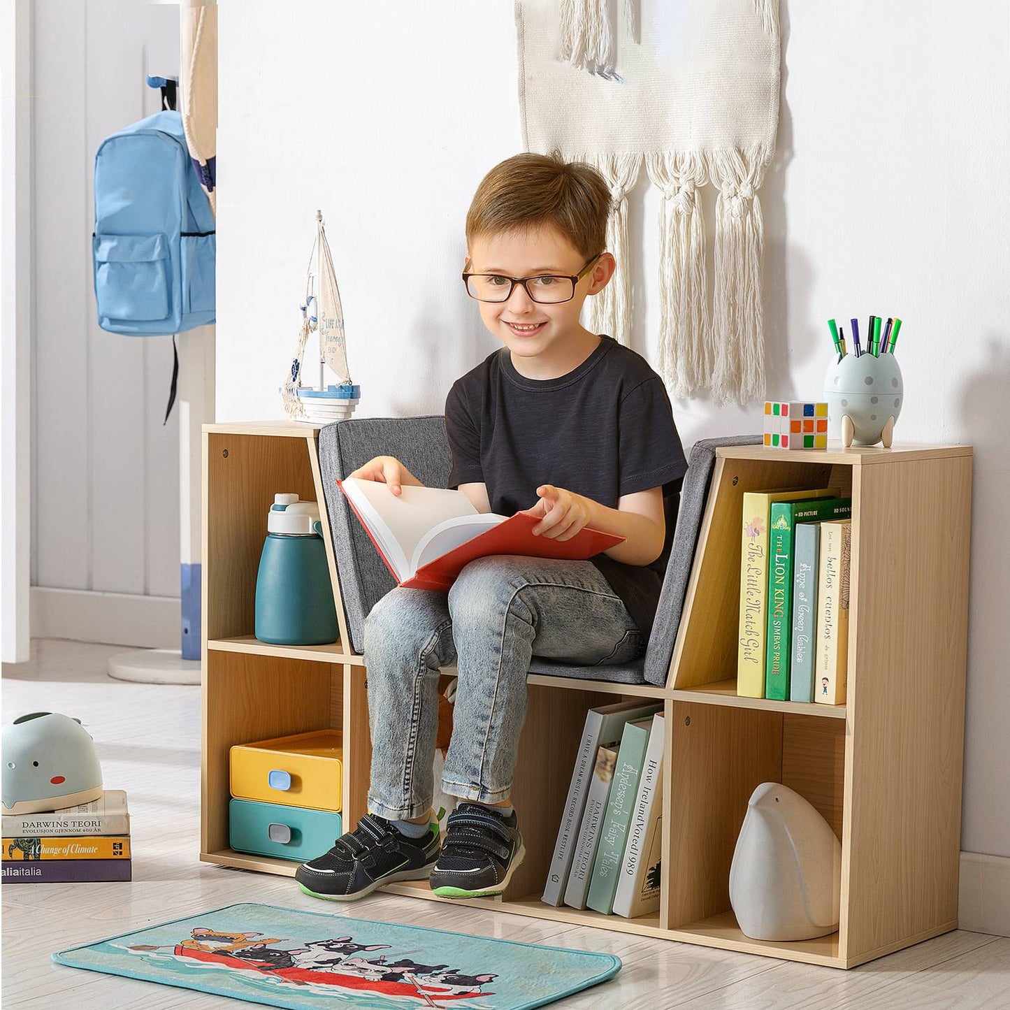 Kids Storage Shelf and Bench with Cushion, 103 x 30 x 62 cm