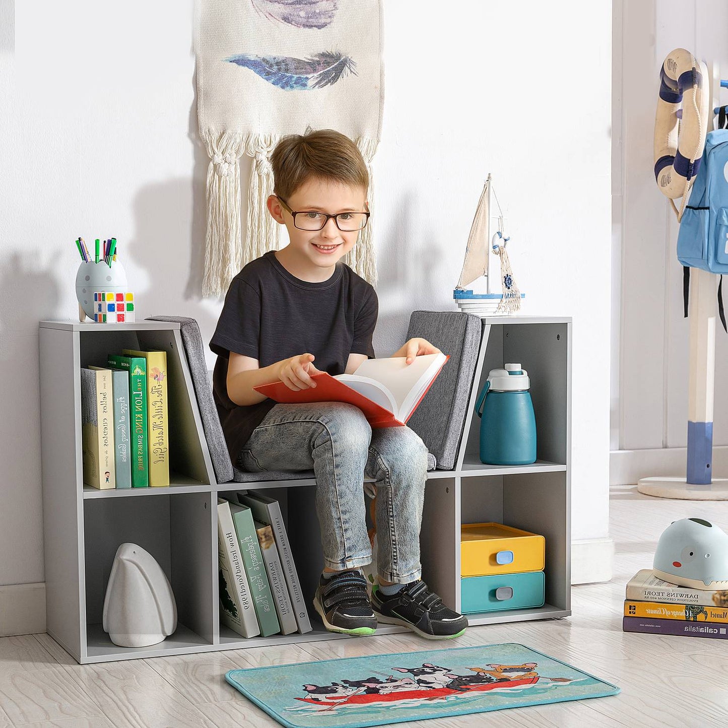 Kids Storage Shelf and Bench with Cushion, White/Grey