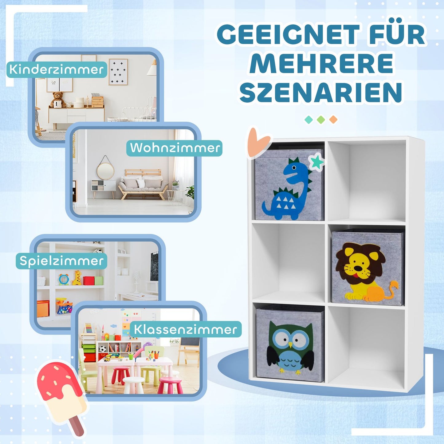 Kids Storage Shelf with Cubes and Drawers, MDF, White