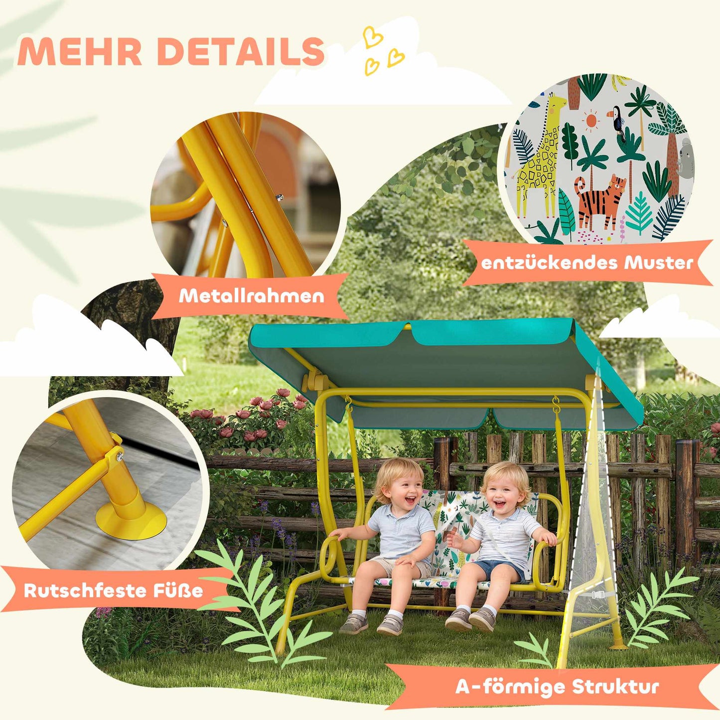 Kids Swing Seat with Adjustable Canopy, 2-Seater, Green