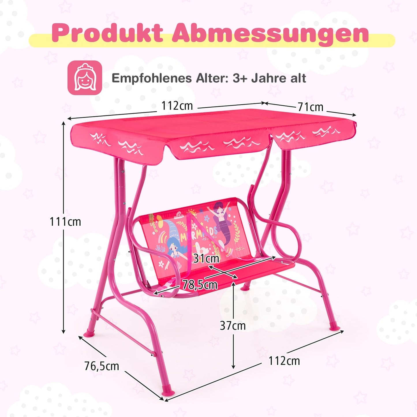 Kids Swing with Adjustable Canopy, Metal Frame, Pink