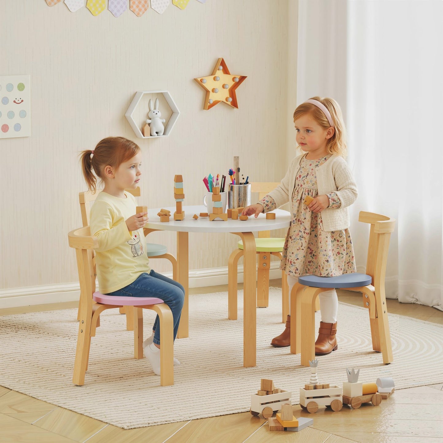 Kids Table & Chair Set, 5-Piece, Colorful Solid Wood