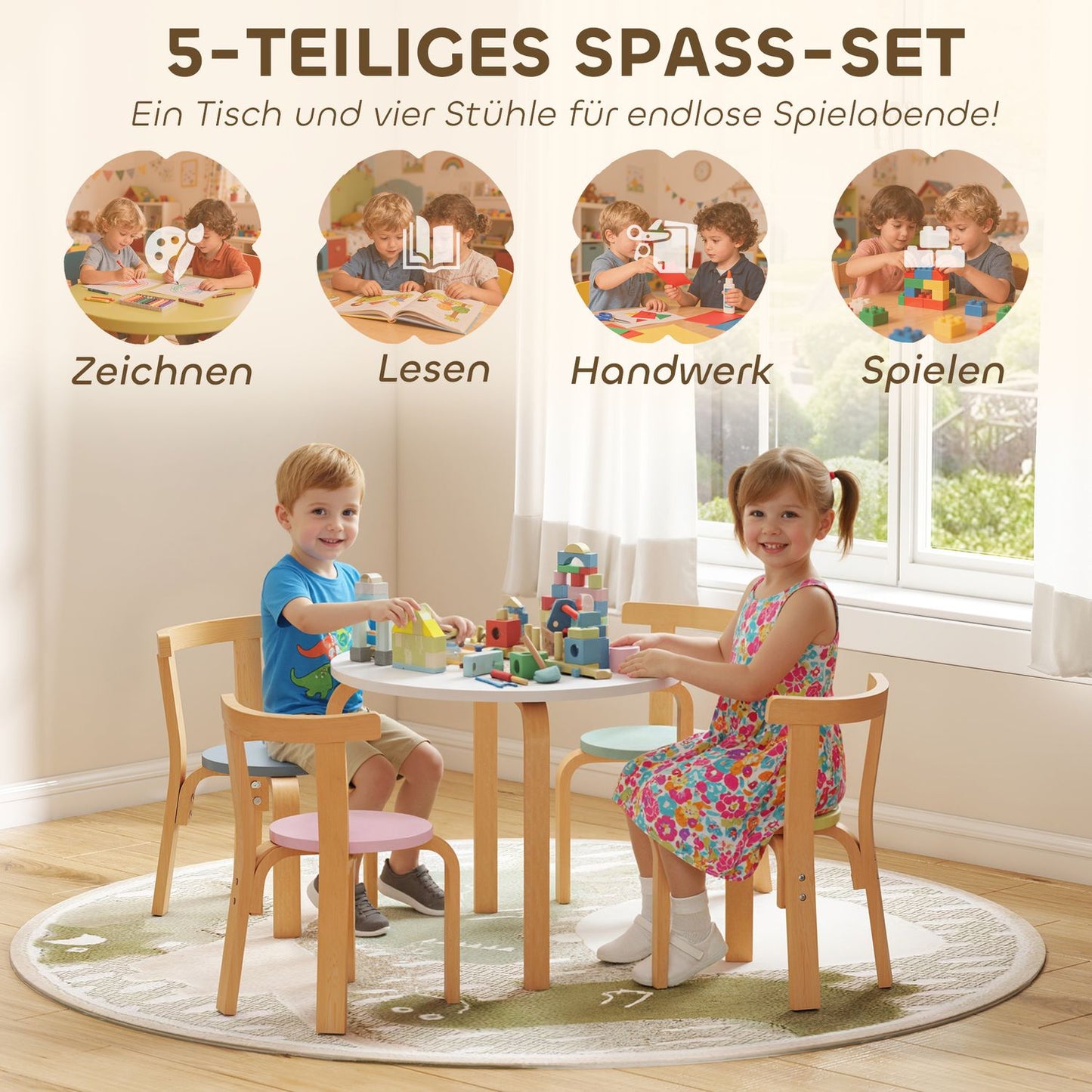 Kids Table & Chair Set, 5-Piece, Colorful Solid Wood
