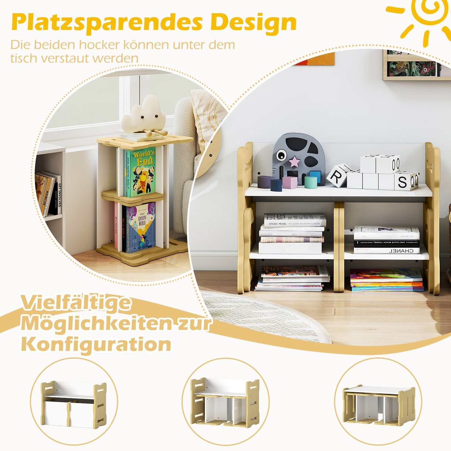Kids Table & Chair Set with 2 Stools, Rounded Corners