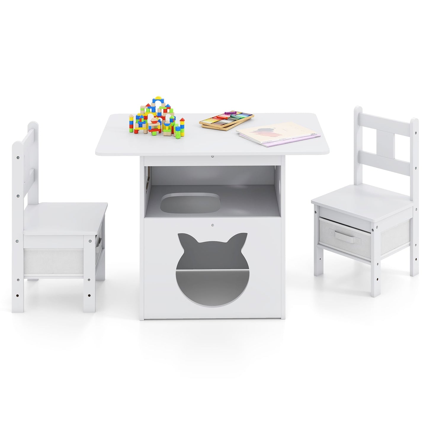 Kids Table Set with Cat House, 2 Chairs, Storage Boxes