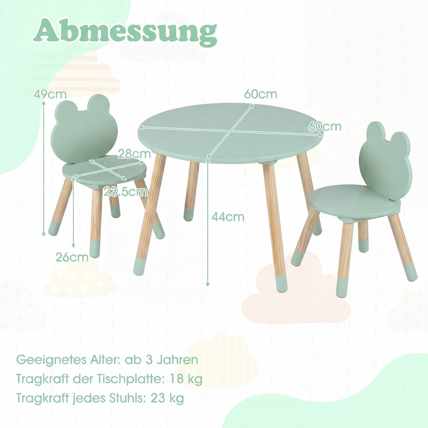 Kids Table and 2 Chairs Set, Green, Pine Wood