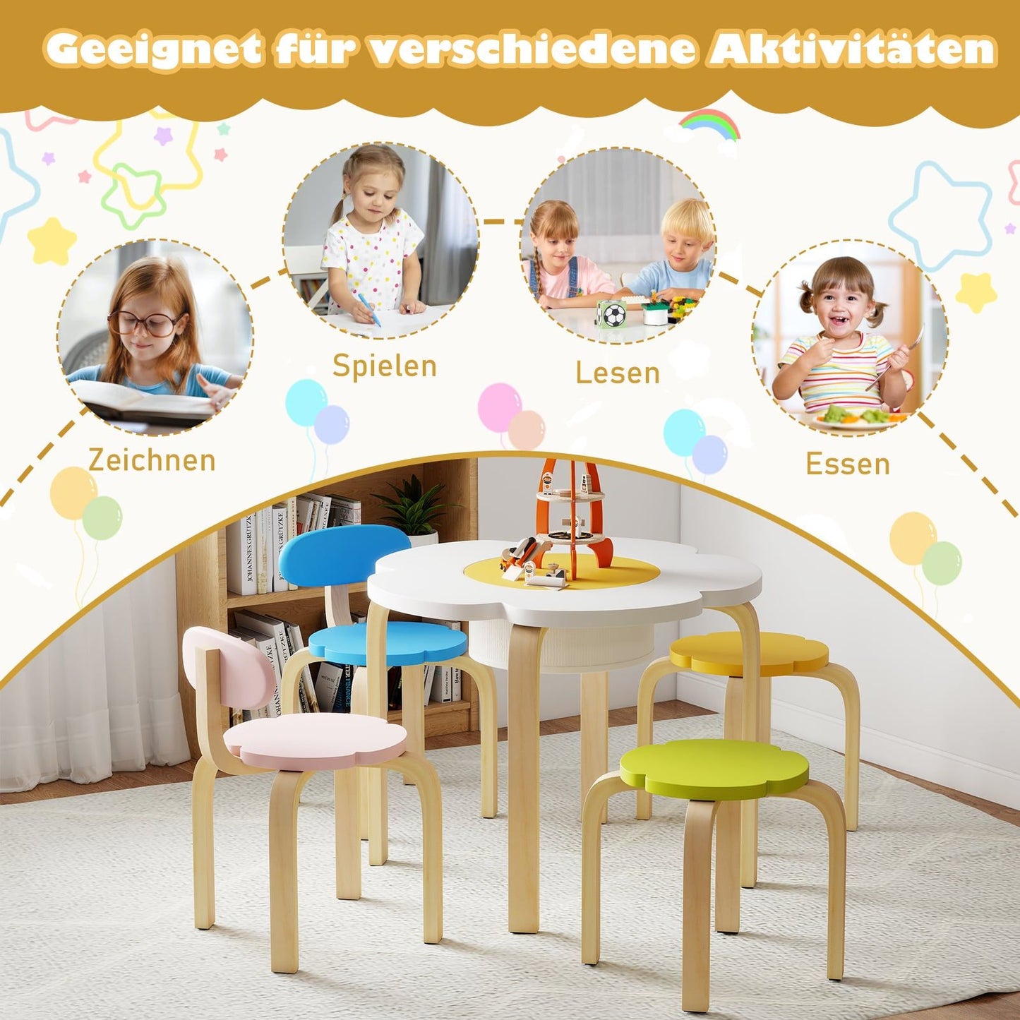 Kids' Table and Chair Set with Storage – Flower Shape