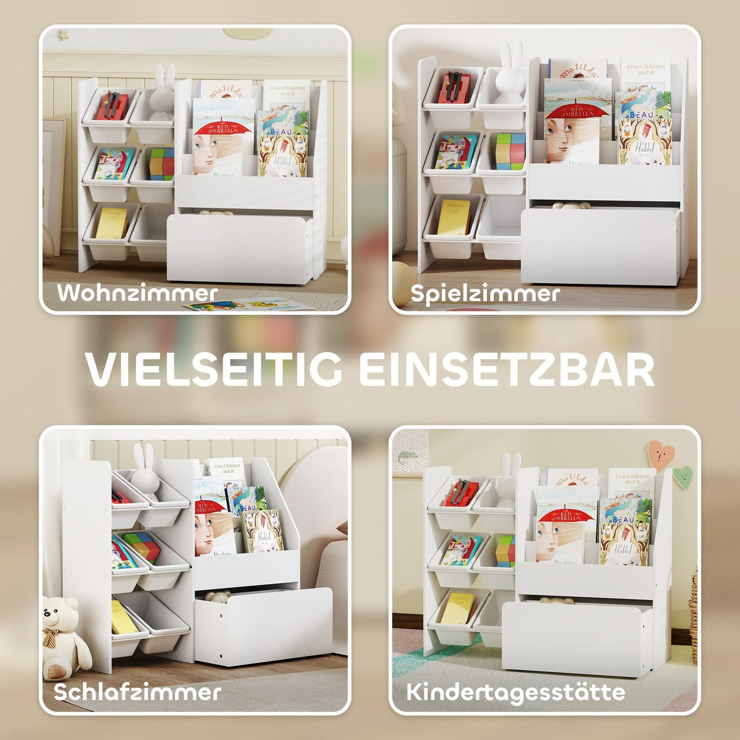 Kids Toy Storage Shelf with 6 Bins, Rolling Box, White