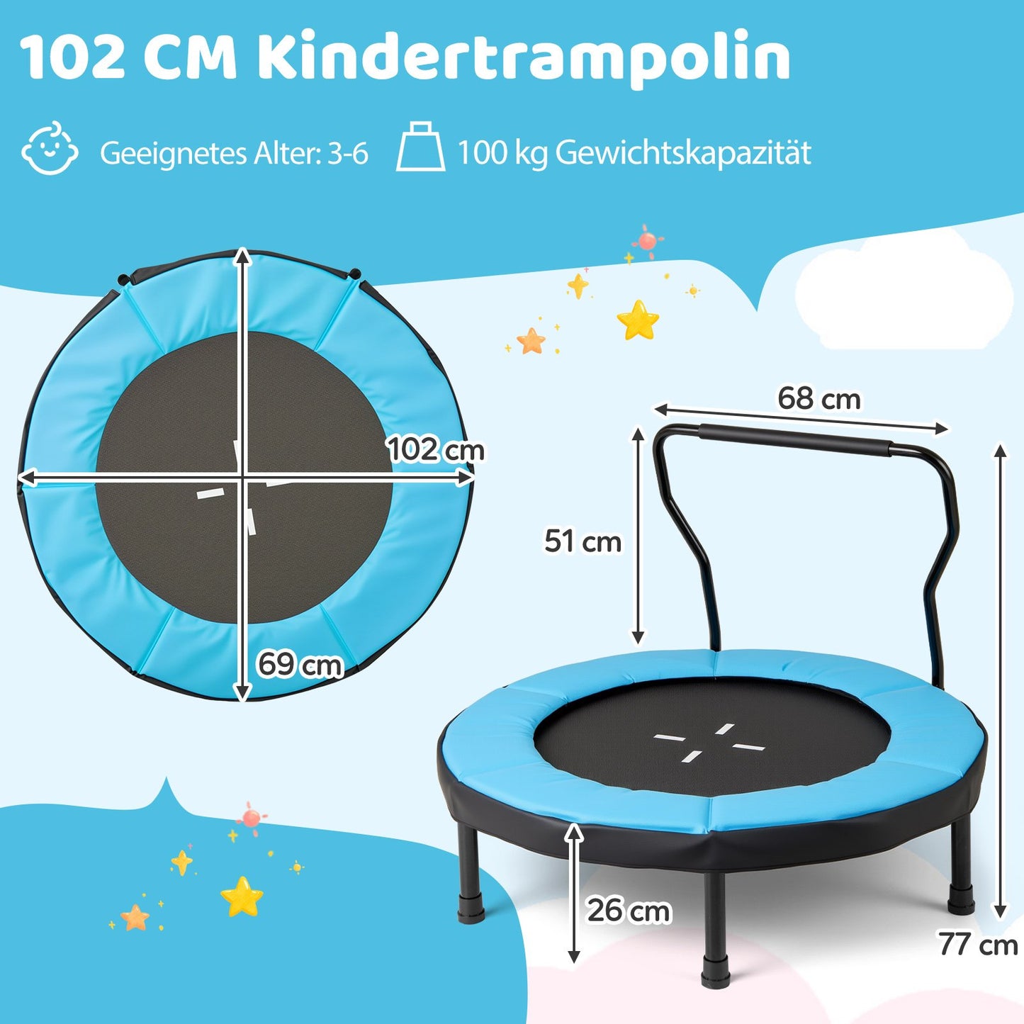 Kids Trampoline with Handle, 102 cm, 100 kg Capacity, Blue